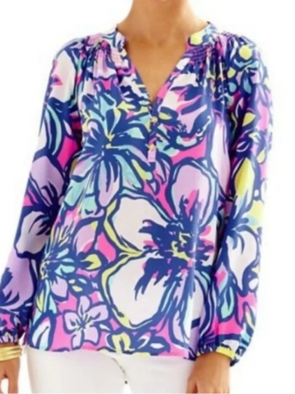 Lilly Pulitzer Elsa Silk Top with Tropical Print in Pink, Purple & Yellow - Picture 1 of 12